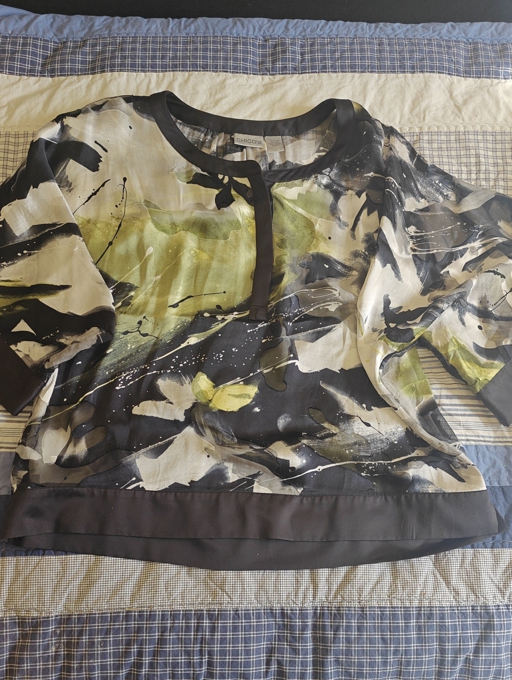 Chico's Black, Green & Ivory Abstract Print Blouse